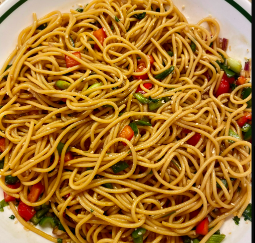 Asian Pasta Salad with noodles, fresh vegetables, and a sesame soy dressing