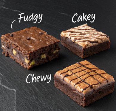 The Three Types of Brownies; fudgy, cakey and chewy